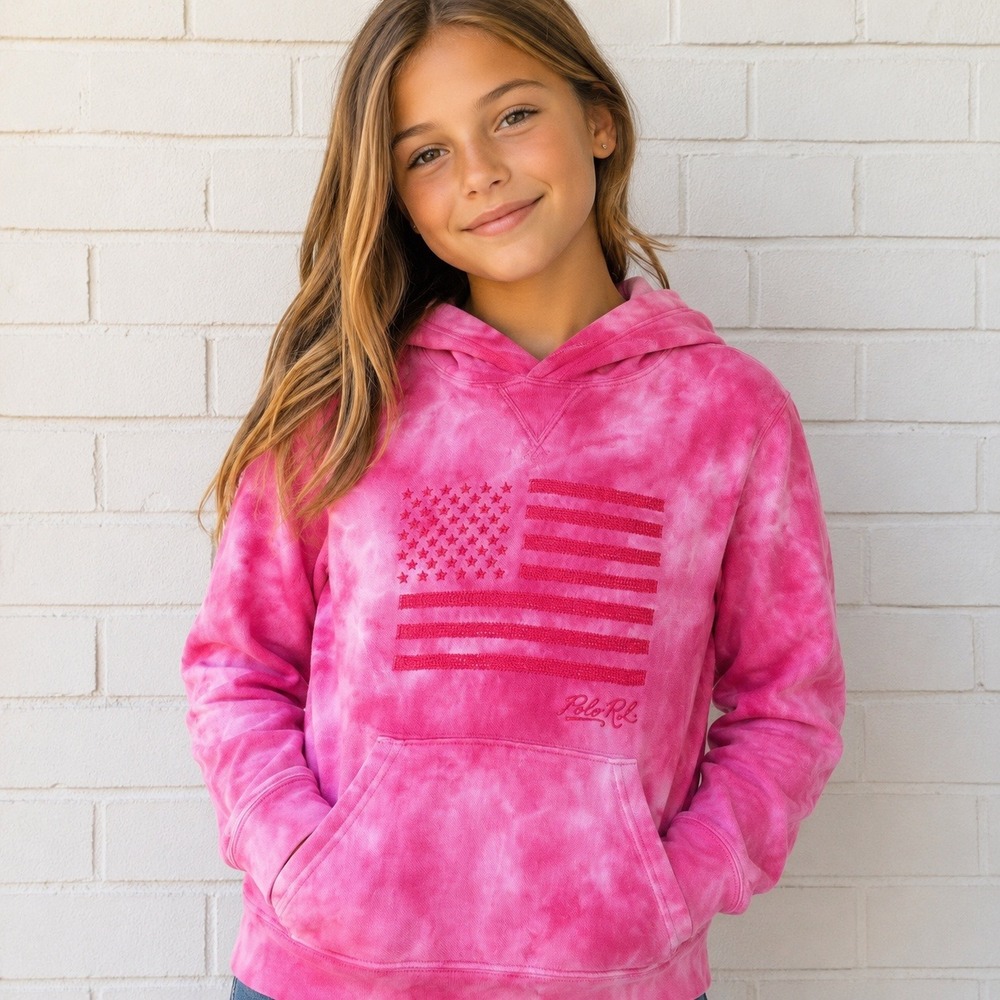 Polo Ralph Lauren Kids M (10–12) Pink Tie-Dye Flag‎ Hoodie Sweatshirt USA